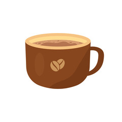 Vector illustration of a brown coffee cup with hot beverage and coffee bean icon, perfect for café branding, menu designs, food blogs, and coffee related print or digital projects.
