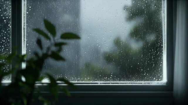 Looped animation, raindrops on window, rainy day, gloomy weather, blurred flower in foreground, cozy interior, realistic 3D animation, calm background, wet glass, atmospheric loop, seamless motion