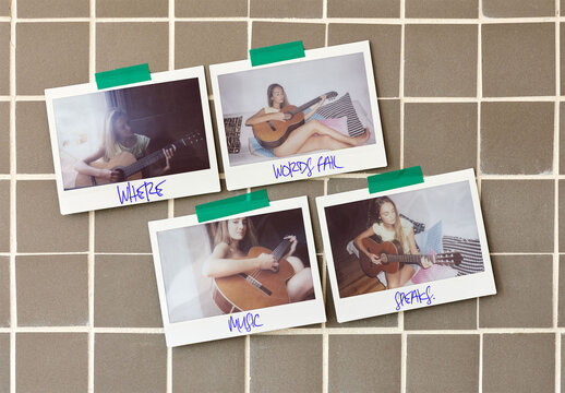 Mockup of Four Polaroid frames glued in a kitchen wall available for personalized text, colors, or patterns