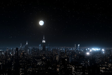 Midnight city skyline illuminated by a full moon