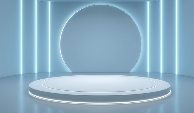 Futuristic white round podium with blue neon light background for product display in technology and advertising concept design mockup template