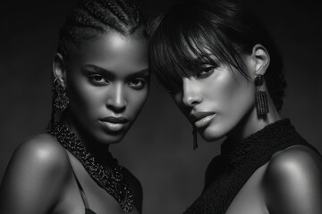 striking black and white portrait of matching models showcasing their unique styles and expressions