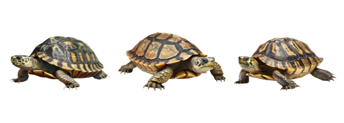 A collection of walking turtles isolated on a transparent background. PNG