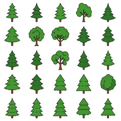 Collection of ten vibrant green cartoon trees; various styles, perfect for children's illustrations, nature designs, and spring themes.
