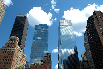 Obraz premium Modern skyscrapers reflect the vibrant sky above city streets