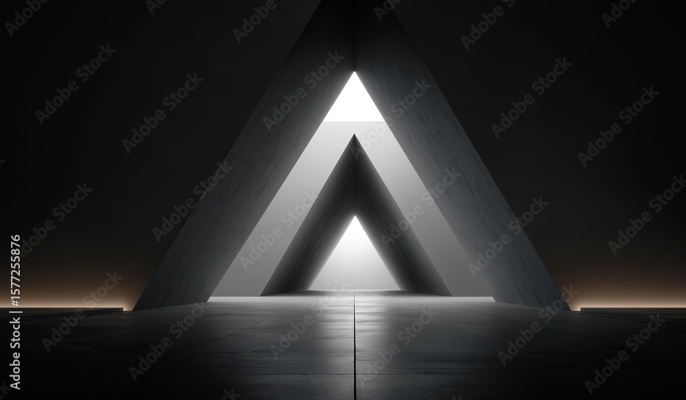 Aufkleber mysterious symmetrical composition of a large triangular portal of light on the floor in an empty da