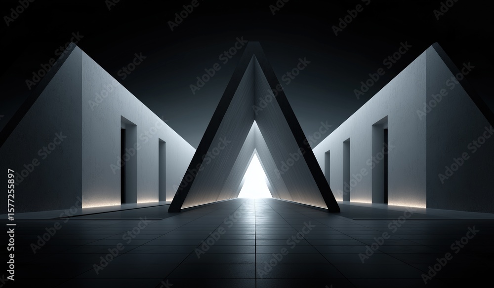 Aufkleber futuristic minimalist dark room with three triangular white walls and illuminated doors leading to b