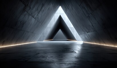 Futuristic triangular tunnel with LED lights and dark gray concrete walls, empty floor for product display featuring a glowing white triangle adding mystery and modern vibe