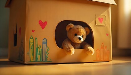 Cute Teddy Bear Smiling in a Decorated Cardboard Box House with Childrens Drawings