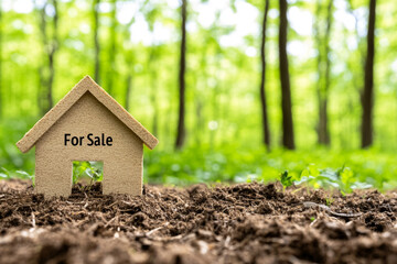 Newly built home with a For Sale sign in a serene forest setting