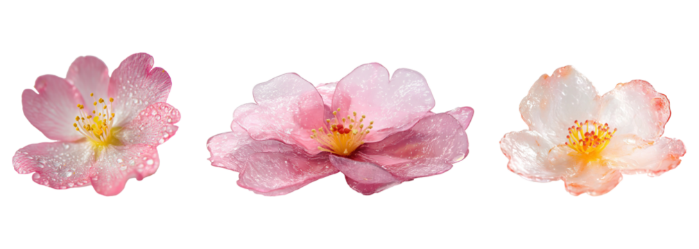 A collection of blooming pink cherry blossoms isolated on a transparent background. PNG