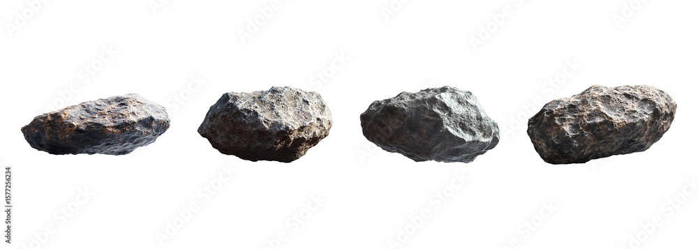 Poster set of floating asteroids with rough surfaces isolated on a transparent background. png