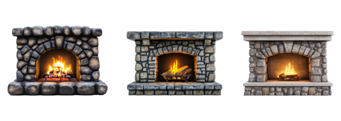 A cozy stone fireplace radiates heat and flames inside a winter home interior, isolated on a transparent background. PNG