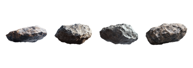 Set of floating asteroids with rough surfaces isolated on a transparent background. PNG