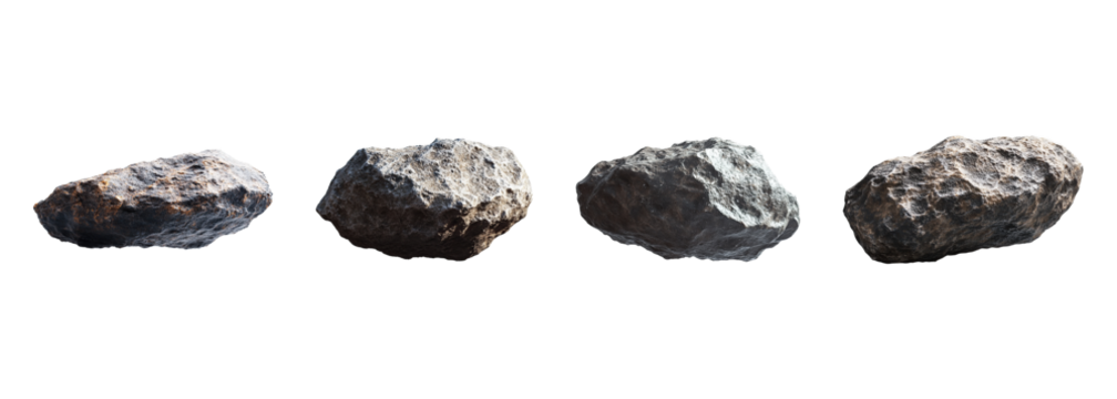 Set of floating asteroids with rough surfaces isolated on a transparent background. PNG