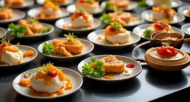 Elegant appetizers on small plates catering event with diverse food options and garnish ready to serve