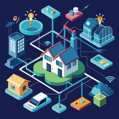 Smart home concept illustrating connected devices and energy efficiency solutions in a modern isometric design.