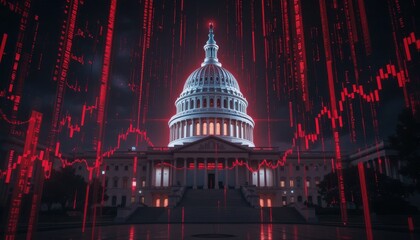 Capitol building overlaid with falling stock market data during economic downturn