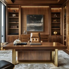 Elegant Home Office Interior – Wooden Bookshelves, Desk, and Vintage Decor in a Cozy Study Room or Library Design