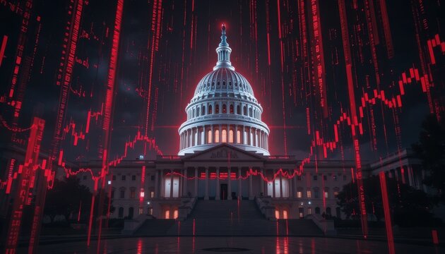 Capitol building overlaid with falling stock market data during economic downturn