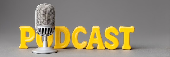 Retro microphone poised before bold yellow letters, vibrant podcasting hub, World Radio Day, auditory storytelling fiesta