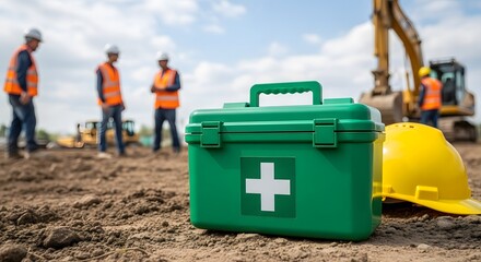 First aid kit for safety at construction site featuring workers and equipment, ensuring health and wellness with a medical kit and safety gear.