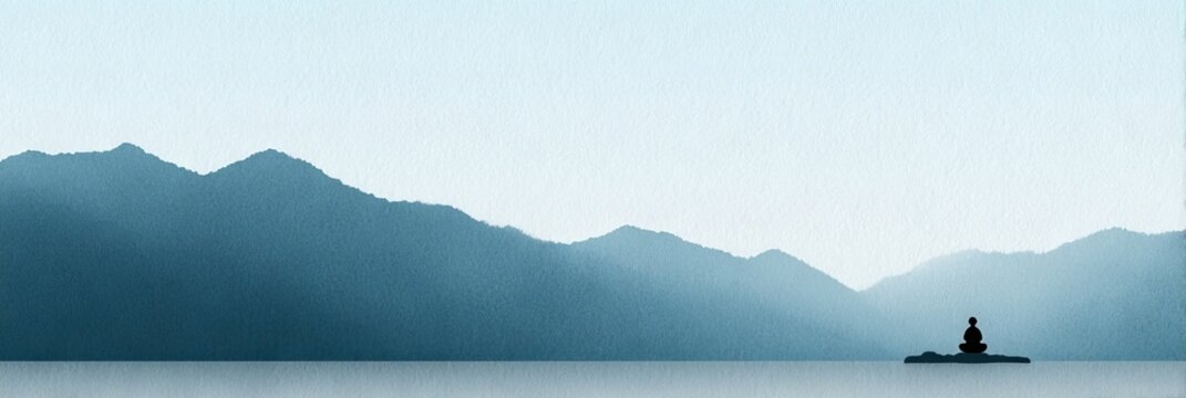 Silent silhouette meditates on tranquil shores under towering blue ridges, evoking Zen tranquility and World Meditation Day reverie - Powered by Adobe