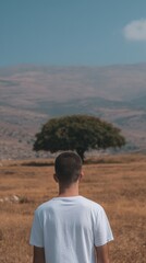 A young man in a white shirt gazes at the lone tree, symbolizing solitude during Tu Bishvat and Day of Silence