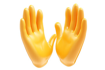 Rendered yellow hands are isolated on white appearing to present something, useful for designs representing openness, welcome, or care