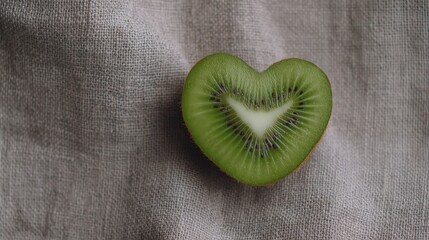 Heart-shaped kiwi slice on textured linen evokes Valentine's Day zest, tropical love nutrients, intimate fruit geometry allure