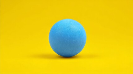 Blue sphere floats serenely on yellow expanse, echoing surreal minimalism, World Thinking Day, playful chromatic contrast harmony