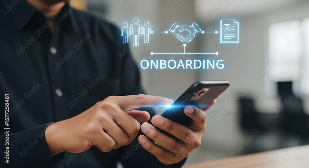 Poster employee onboarding shown through a mobile phone application with a seamless experience and new empl