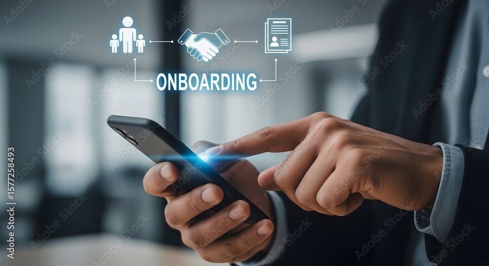 Poster onboarding new employees, represented by business professionals using mobile technology for efficien