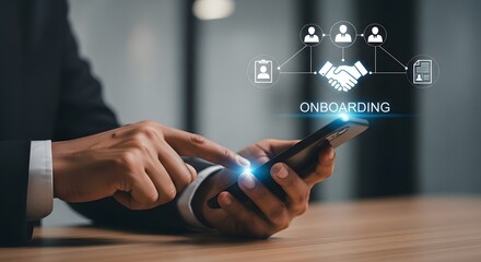Professional utilizes smartphone for employee onboarding tasks, showcasing modern HR and digital workforce solutions for efficient team integration.