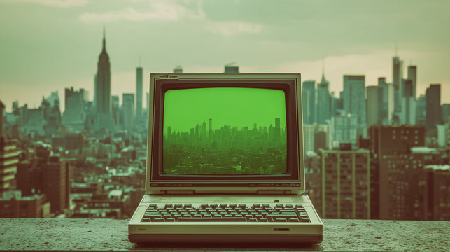 old technology in modern world outdated missing out concept, classical old computer with scene of modern buildings template urban background