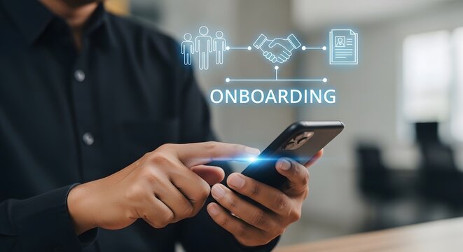 Employee onboarding shown through a mobile phone application with a seamless experience and new employee document and agreement process.
