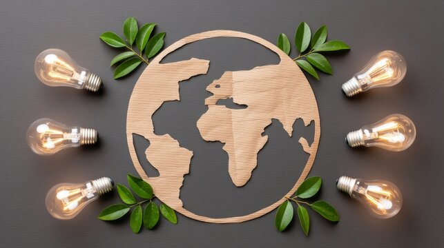 A cardboard Earth encircled by glowing bulbs and verdant leaves embodies green innovation for Earth Day and Ecofest