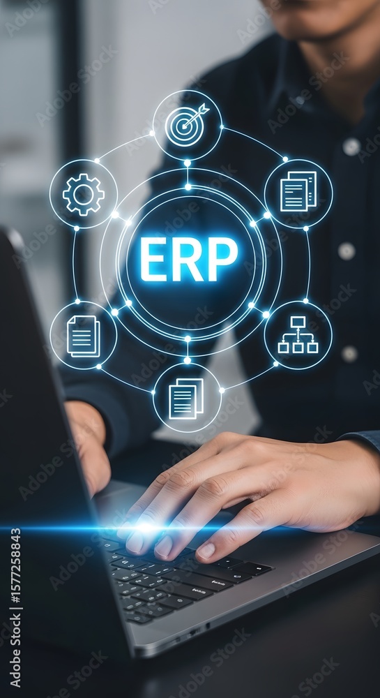 Poster businessman uses a laptop with erp software and icons, illustrating enterprise resource planning for