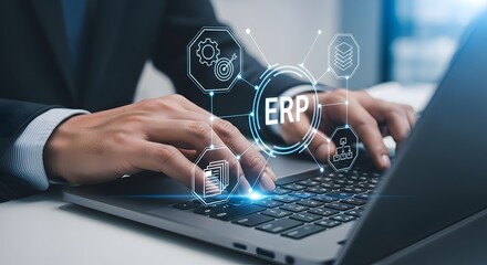 Enterprise resource planning concept shows business data with a man typing on his laptop to make ERP system analysis and integration.