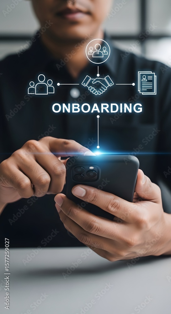Aufkleber man uses a phone to handle employee onboarding process, featuring icons representing teamwork, agree