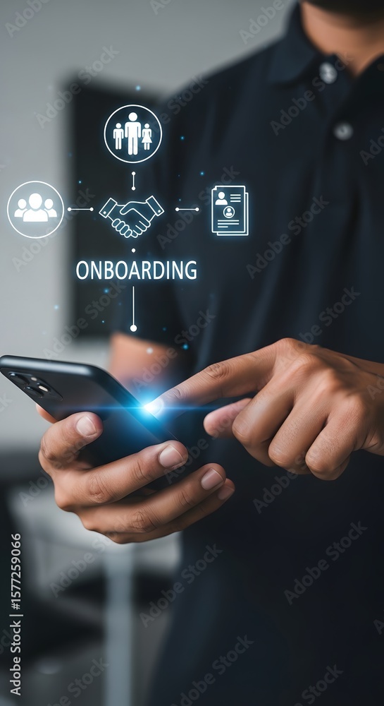 Poster mobile device displaying onboarding process with handshake, human resources and profile icons highli