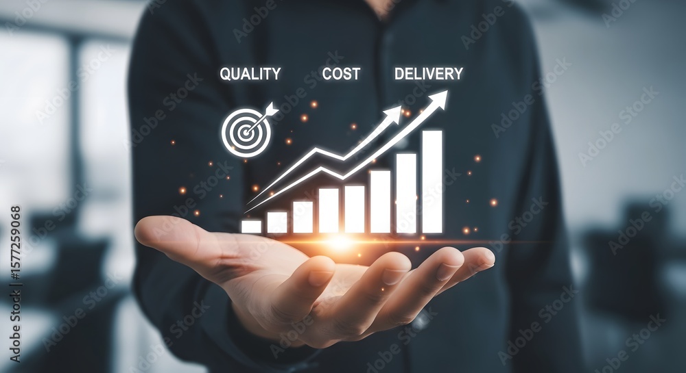 Poster business performance growth is displayed on a hand, showcasing quality, cost and delivery with an up