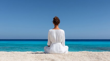 A serene Caucasian woman in white absorbs tranquility by the azure ocean, embodying Zen retreat vibes and International Day of Peace