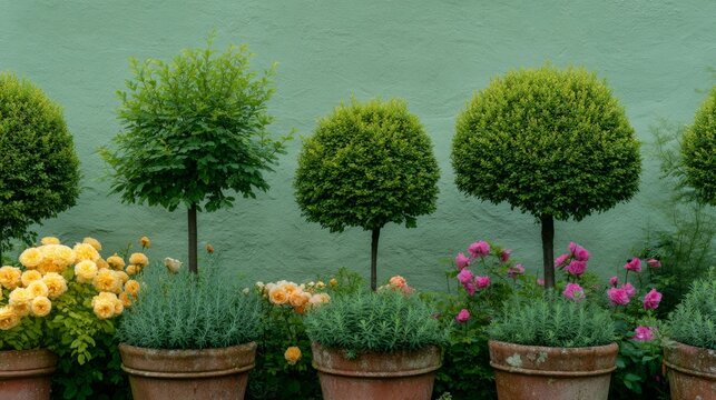 Potted topiary trees in harmonious symmetry evoke garden whimsy, perfect for Arbor Day celebrations and secret garden fantasies