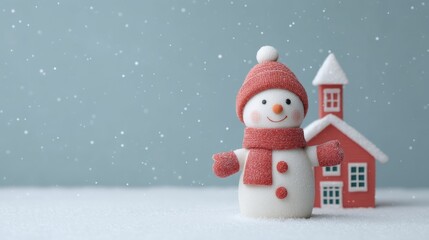 Toy snowman with knitted attire stands by whimsical gingerbread house, celebrating Yule and Winter Solstice with silent snowfall