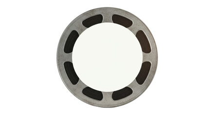 Naklejka premium Vintage metal film reel with perforated edges, a blank matte white screen, and dark black border, isolated on a transparent seamless backdrop, brightly lit studio shot, high-angle, subtle film grain,