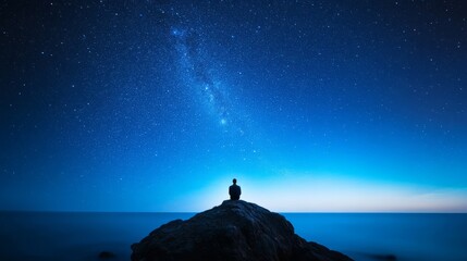 ```markdownSilhouetted figure on twilight rock, cosmic stargazing under celestial blanket; Dark Sky Week, cosmic mindfulness, astro-celebration```