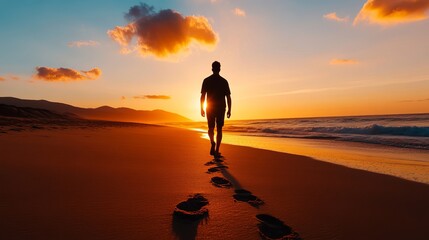 Sunset amble of silhouetted man, fiery horizon whispers serenity, Sandcastle Day reflection, zen seaside promenade, coastal tranquility