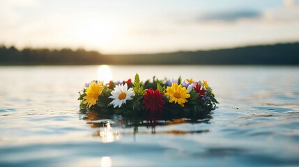 Floral wreath drifts on tranquil lake, whispering Midsummer's Eve mystery, Slavic solstice celebration, nature's vibrant poetry afloat