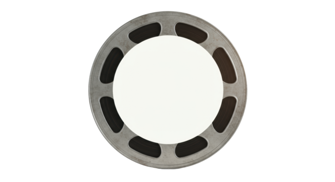 Vintage metal film reel with perforated edges, a blank matte white screen, and dark black border, isolated on a transparent seamless backdrop, brightly lit studio shot, high-angle, subtle film grain,